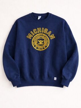 Russell Athletic Michigan Crewneck Sweatshirt Navy Blue Graphic Pullover